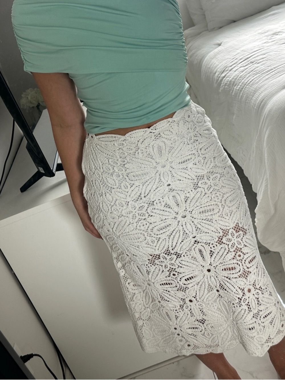 Maje White Crochet Floral Midi Skirt